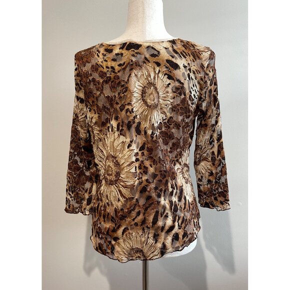 Vtg Y2K Serenade New York Lace Blouse Womens L Brown Sunflower Leopard Print - Picture 2 of 8